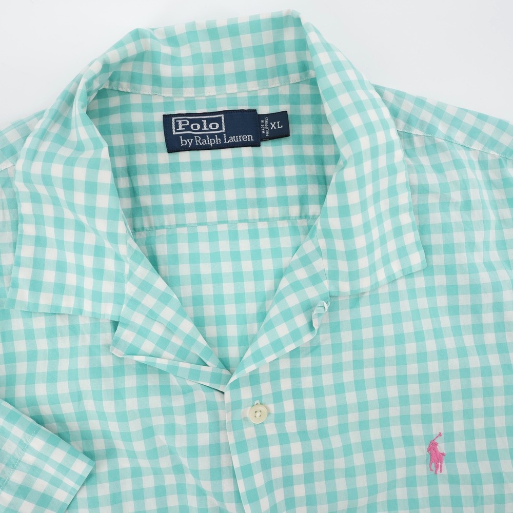 Polo Ralph Lauren Gingham Camp Loop Collar Shirt Teal Short Sleeve Mens XL